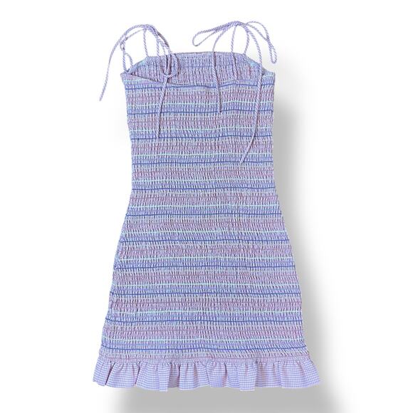 Storia Smocked Striped Gingham Ruffled Mini Dress Size M Preppy Flirty - Picture 3 of 6